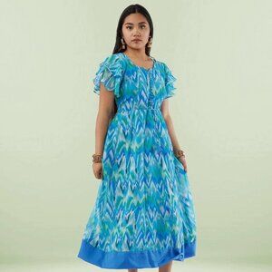 Blue Printed Chiffon Knee-Length Dress | Muvvas Boutique